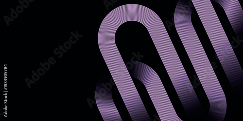 Black abstract background with glowing purple geometric lines decoration. Modern shiny purple curved lines pattern. Futuristic technology design for cover, flyer, banner, website. VOL. 2