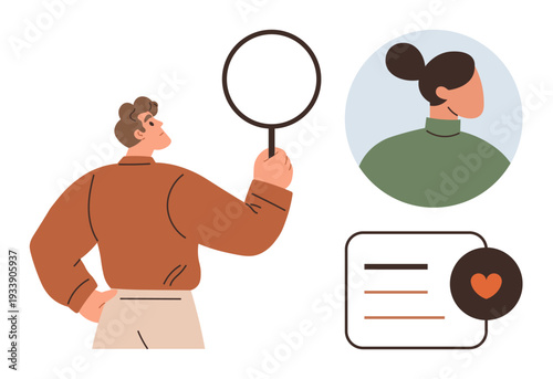 User identification, profiles, digital communication, personalization, data management, social networks. Person holding magnifying glass, user avatar and profile card. User identification