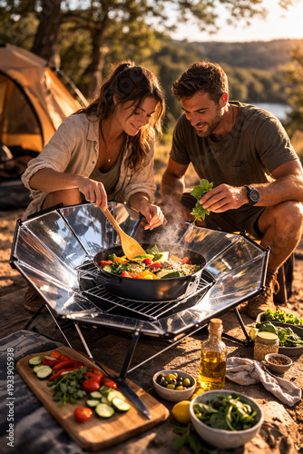 Eco-Friendly Camping Cooking with Solar Cooker and Fresh Vegetables in Scenic Outdoor Setting