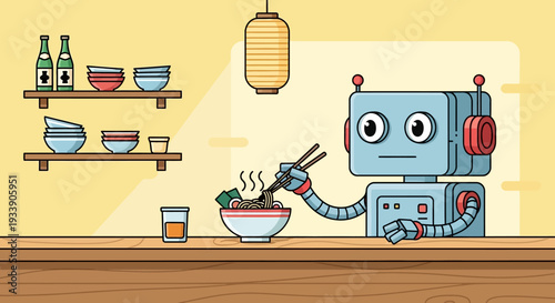 Robot eating ramen noodles at a counter, cartoon style