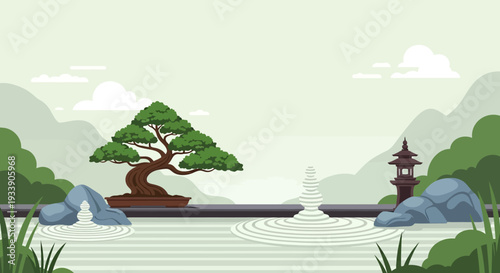 Zen Garden Bonsai Tree Stone Lantern Raked Sand Water