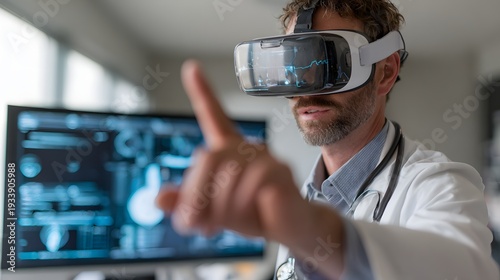 Sharp photorealistic image of a doctor using a VR headset for a medical simulation