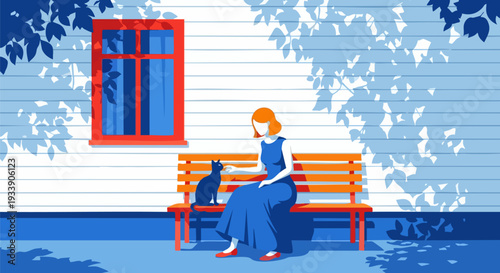 Woman in blue dress petting black cat on a bench outside a house