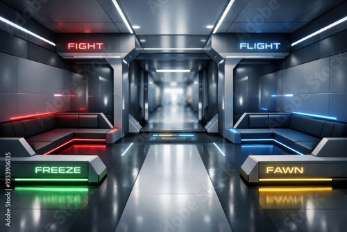 Futuristic decision making space with illuminated pathways representing fight flight freeze fawn responses in sleek metallic environment embodying psychological resilience and human emotion
