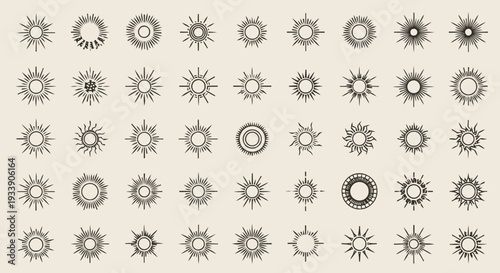 Collection of Various Black and White Sun Icons.