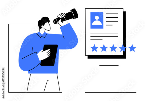 Person holding telescope and tablet analyzing potential candidate resume with star rating. Ideal for recruitment, HR, talent acquisition, workforce management, job search, employee evaluation, career