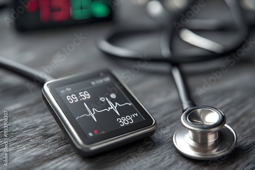High resolution close up of a smart stethoscope displaying heart rate data on a small digital screen