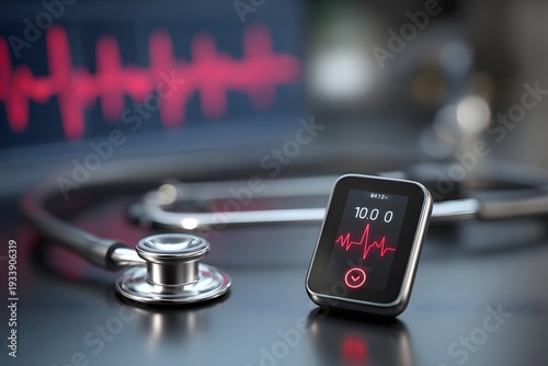 High resolution close up of a smart stethoscope displaying heart rate data on a small digital screen
