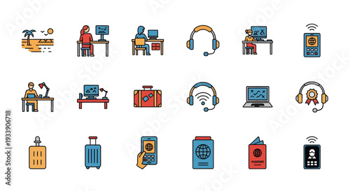 Work From Anywhere and Digital Nomad Line Icon Set for Remote Business