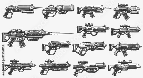 Collection of Various Modern Firearms and Guns.