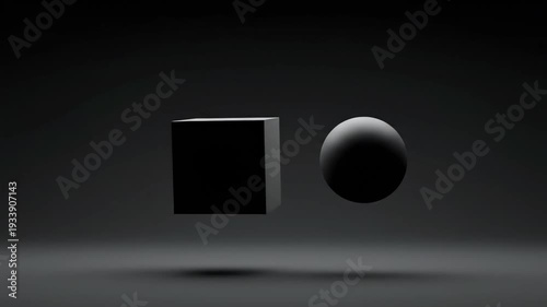 Abstract 3D rendering of a black cube and sphere floating in a dark, minimalist environment