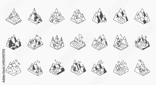 Collection of Various Mountain Illustrations and Icons.
