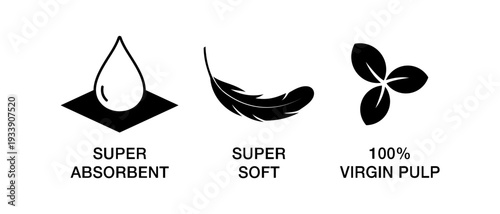 Super absorbent, super soft, 100 percent virgin pulp icon vector set illustration.