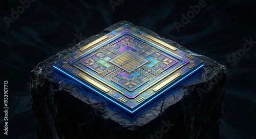 Futuristic AI Microchip Processor on Dark Stone Pedestal with Neon Blue Glow, Quantum Computing Technology, High-Tech Semiconductor Circuitry, 3D Rendering.