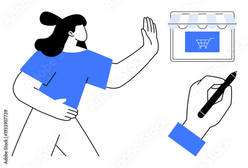 E-commerce rejection, online shopping, consumer behavior, decision making, digital commerce engagement, retail strategy. A woman turning away from a shopping cart graphic. E-commerce rejection