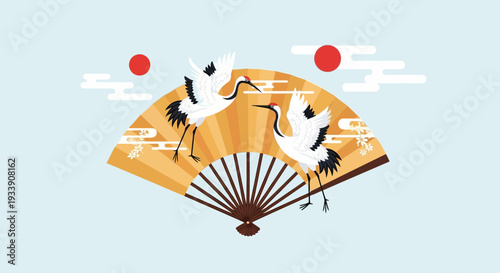 Japanese Fan with Cranes and Sun