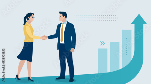 The path of cooperation leads to success. Two business persons, man and woman shake hands to confirm cooperation. Behind them is a rising graph.  Vector illustration of business concept.
