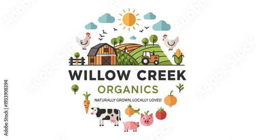 Willow Creek Organics Farm Logo with Animals and Crops