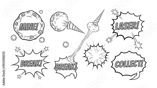 Comic Action: Illustrated action speech bubbles bursting with dynamic energy, showcasing explosive text and graphic elements, perfect for conveying action.