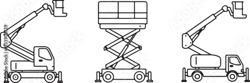 Aerial Lift and Scissor Lift Trucks Vector Icons Isolated on white background
