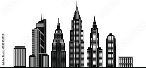 "Black and white city skyline silhouette illustration with high-rise skyscrapers, architectural variety, vertical lines, and window patterns, ideal for urban planning, design, and creative projects"