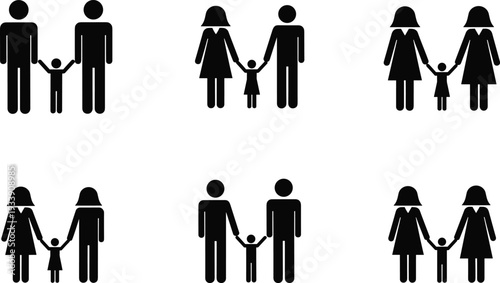 Family icon set with diverse parents and children silhouettes isolated on white background for parenting, adoption, equality, and social relationship design concepts