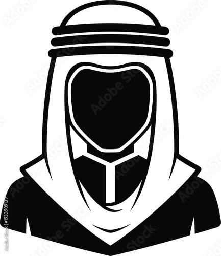 Black and white vector illustration of person in traditional Middle Eastern attire with keffiyeh head covering, agal cord, and thobe robe cultural clothing design