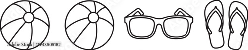 Beach Balls Sunglasses and Flip-Flops Line Art Icons Isolated on white background