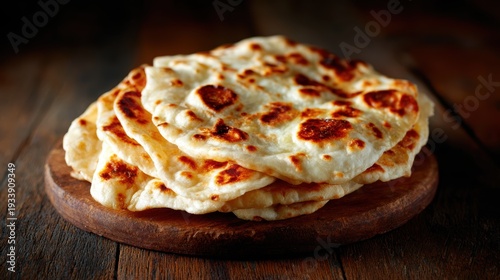 A warm stack of freshly baked naan bread sits invitingly on a rustic wooden board, showcasing its golden-brown surface and soft texture perfect for pairing with curries.