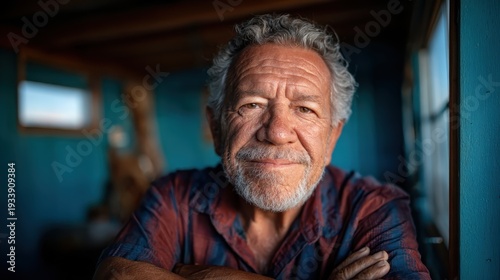 A cheerful elderly man with a grizzled beard and gentle smile exudes warmth and wisdom, surrounded by soft natural light, capturing a moment of contentment and reflection.