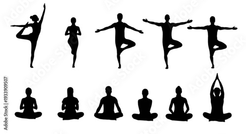 Sequential yoga poses transitioning from dynamic movements to meditative positions isolated on transparent background, Vector