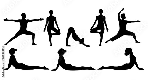 Dynamic yoga poses showcasing flexibility and balance in various human silhouettes isolated on transparent background, Vector