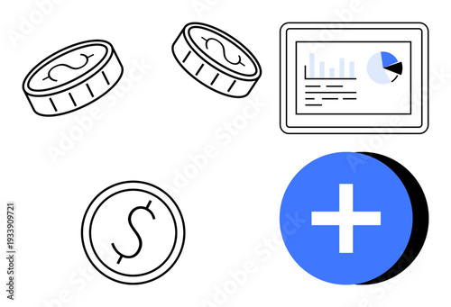 Finance concept. Coins, analytics dashboard, and a plus symbol finance, growth, and success. Finance components for investments, business analysis, economic growth strategies and management