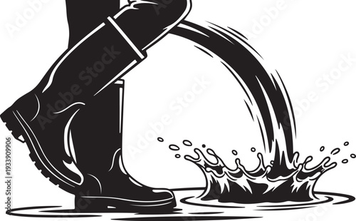 Person wearing boots stepping into a puddle of water