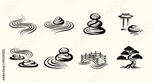 Zen garden tools and crafting instruments illustration set for hobbyists