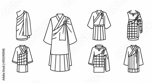 Kimono Outfit Variations Line Drawings.