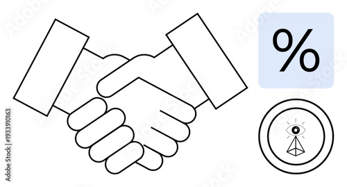 Business deals, partnerships, trust, agreements, commerce, analytics. Two hands shaking with percentage and abstract symbol of an eye with a triangle. Business deals and partnerships concept
