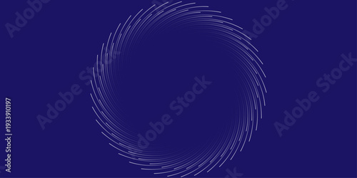 Abstract white spiral vortex on dark blue background. Minimalist geometric circular line art, futuristic digital tunnel or swirling data pattern for tech, science, and modern corporate identity.