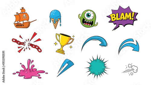 Comic elements collection: A vibrant assortment of comic-style icons, including a pirate ship, ice cream cone, a friendly monster, speech bubble, broken chain, golden trophy, arrow, splash, and wind.