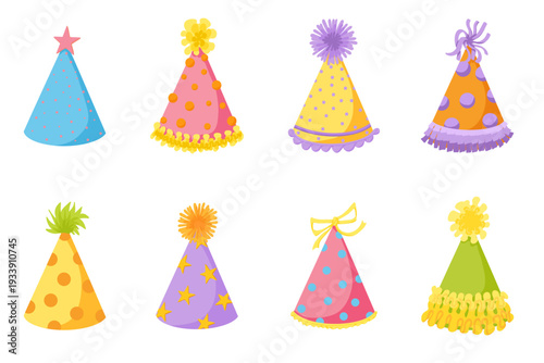 Party hat set. Birthday hat vector clipart collection. Cartoon retro hand drawn illustration. 50s, 60s. Cute celebration cone caps with pompons and bows. Festive paper cap for stickers, web, cards