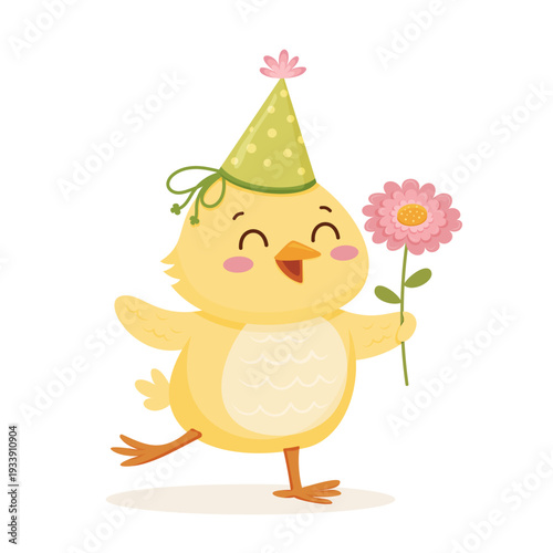 Yellow chick wearing a party hat holds a flower while dancing