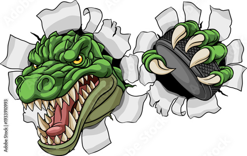 A crocodile, dinosaur or alligator lizard hockey sports mascot