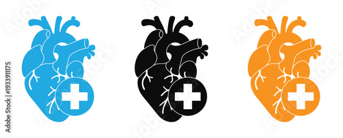 A set of heart illustrations with a medical cross symbol in blue, black, and orange, conveying health and medical concepts