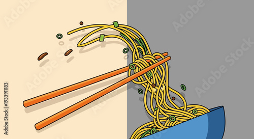 Chopsticks Lifting Delicious Noodles from Blue Bowl