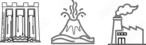 Energy Sources Icons: Dam Volcano Factory Power Generation Natural Resources Isolated on white background
