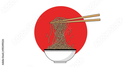 Noodles with Chopsticks and Red Sun Background