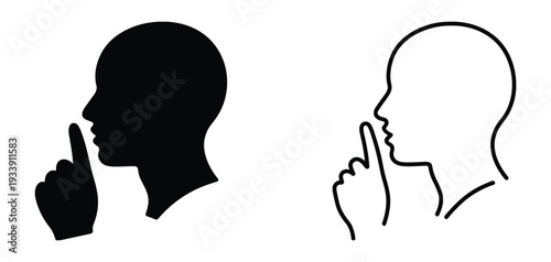 Silhouette of a person with finger on lips. Silhouette of person thinking with finger to lips in black and white. 