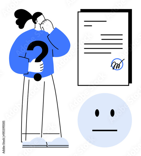 Decision making, legal agreements, confusion, problem-solving, business contracts, emotional response. A person holding a question mark, a signed document and a neutral face icon. Decision-making