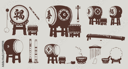 Traditional Japanese Taiko Drums and Accessories.