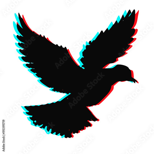 Black dove silhouette in flight with glitch effect isolated on white abstract background